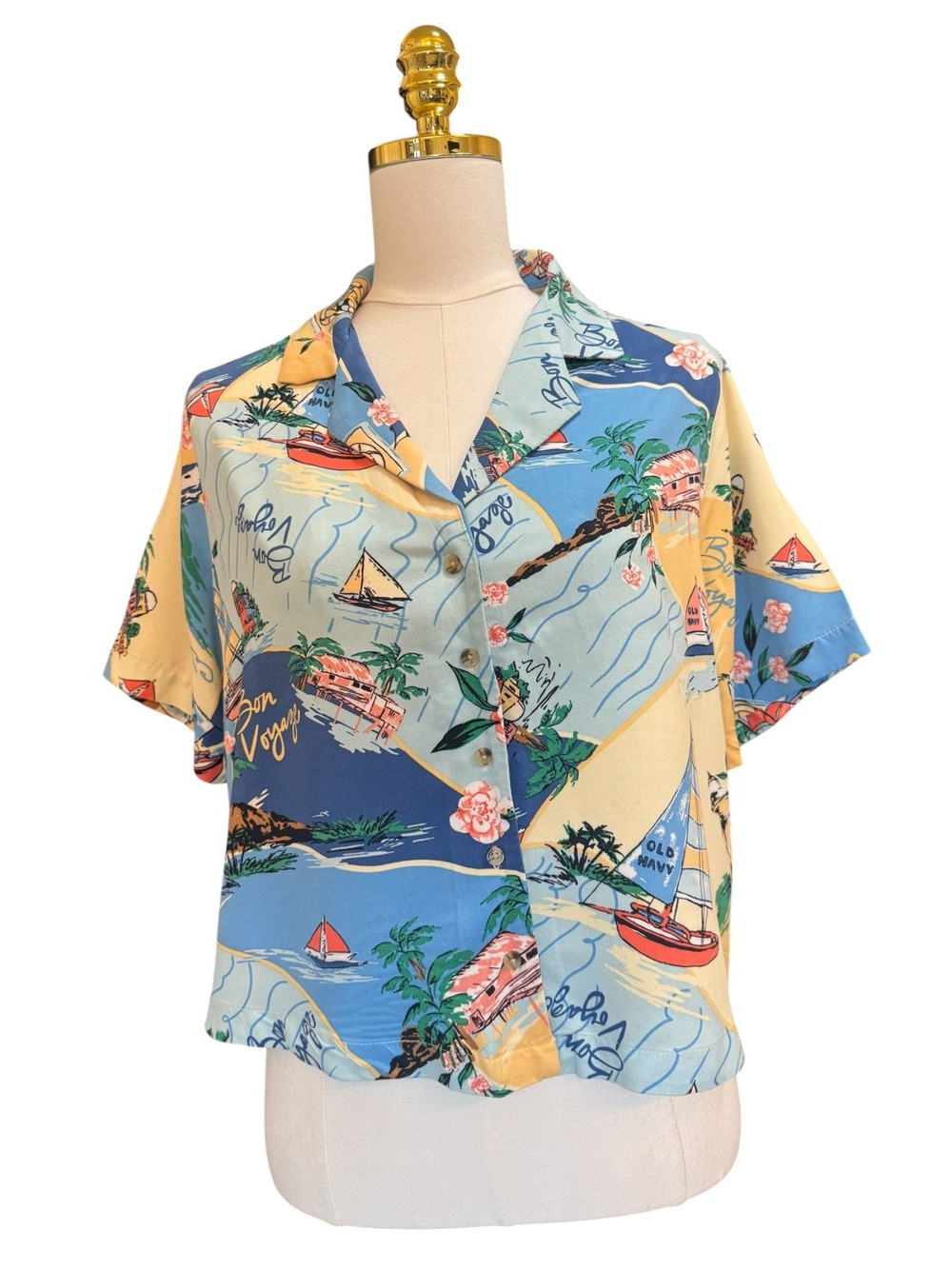Old Navy Tropical Button Front Size Medium Petite  Bon Voyage Camp Shirt